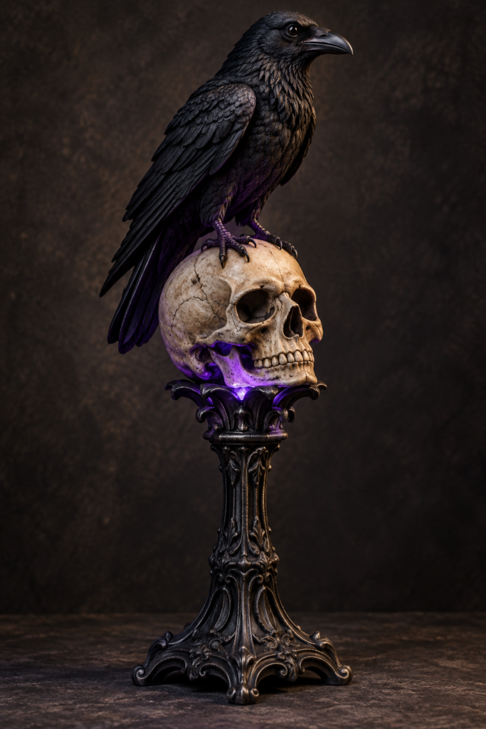 Raven on Skull Light-Up Statue