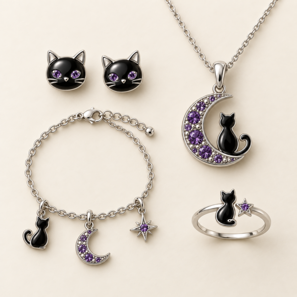 Black Cat and Moon Jewelry Set