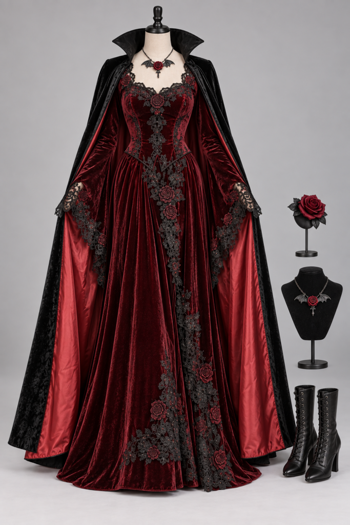 Crimson Vampire Countess Gown with Cape Costume