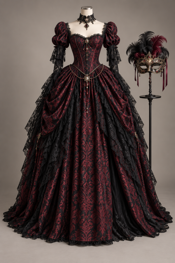 Burgundy Masquerade Ball Gown Costume