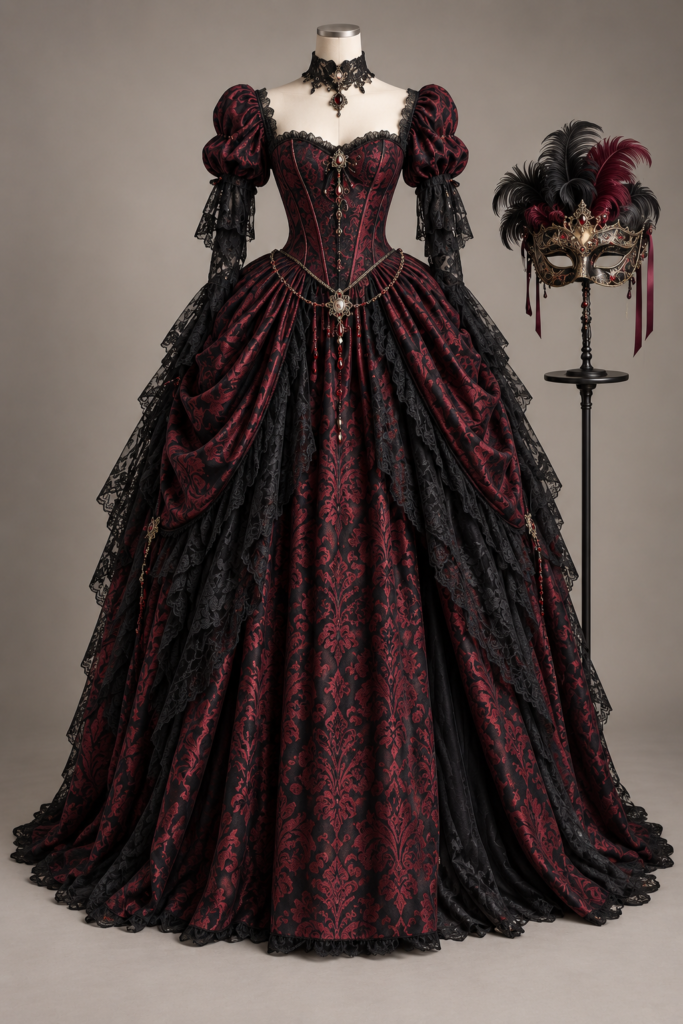 Burgundy Masquerade Ball Gown Costume