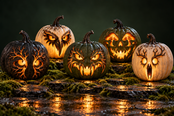 Haunted Forest Light-Up Carved Pumpkin Set (5 Pieces)